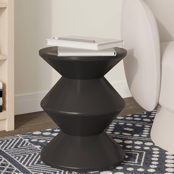 LeisureMod Aura Collection Modern Round Side Table - Black ABS Plastic Double-Hourglass Pedestal - No Assembly Weatherproof Accent Furniture for Living Room, Patio & Outdoor Decor