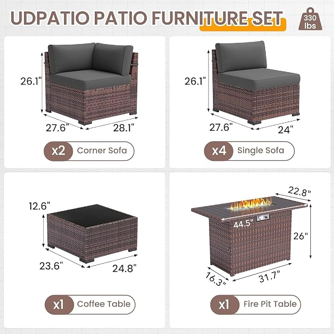 UDPATIO Patio Furniture Set with 44'' Fire Pit Table, 8 PCS Outdoor Sectional Furniture Sets, Slanted Back Outdoor Conversation Set PE Rattan Sofa for Porch W/Coffee Table, Grey