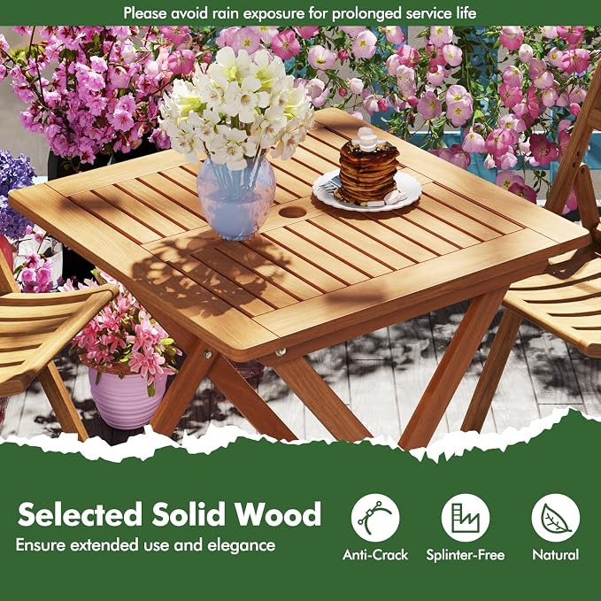 Folding Outdoor Dining Table, Solid Wood Bistro Tables with 2" Umbrella Hole, Square Foldable Patio Table for Porch Balcony Deck Garden Yard, Teak Oil Finish
