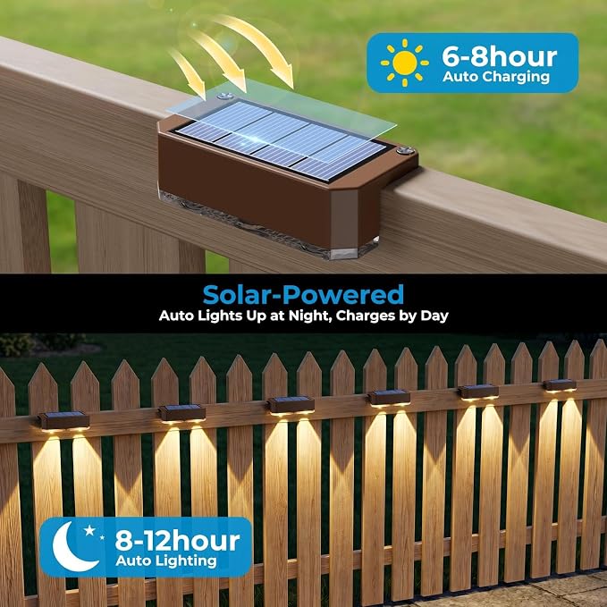 12 Pack Solar Fence Lights Outdoor,Deck Light Solar Powered, IP65 Waterproof Led Riling Solar Lights Brown Frame for Outside Yard Step, Wram White