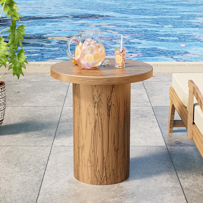Metal Small Patio Table, Round Outdoor Side Table, Wood Color Outdoor Accent End Table, Patio Furniture, for Garden, Pool, Yard, Balcony, Living Room, Deck, Weather Resistant, No Assembly