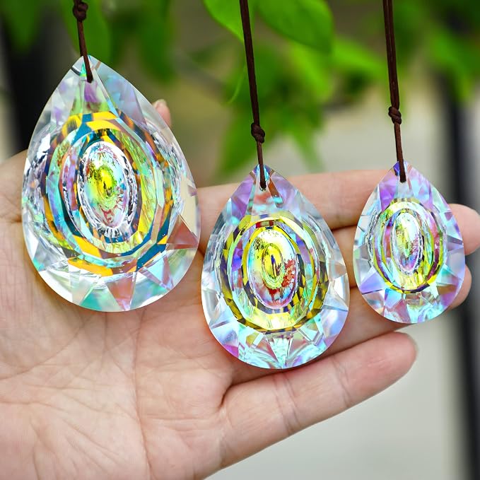 Window Hanging Crystal Prisms Sun Catcher AB Coating Rainbow Maker Glass Prisms Hanging Suncatcher Pendant for Home Garden Decor,76mm/63mm/50mm Chandelier Prism Parts, Pack of 3 | AB Coating Crystal Prism Suncatcher Set 3 Sizes for Chandelier Window Ga...
