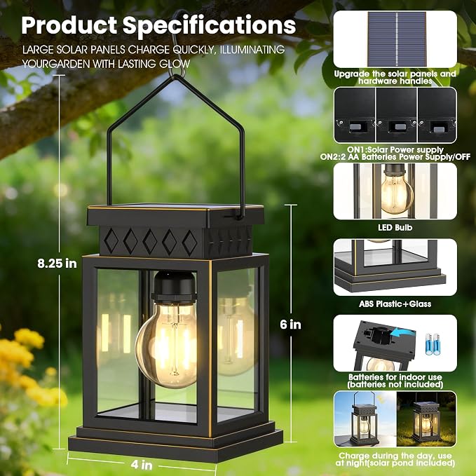 2 Pack Farmhouse Solar Lanterns ,Glass Solar Lights Bulb ,Outdoor Waterproof Upgraded Solar and 2 AA Batteries Powered, for Outside Porch, Patio and Indoor Tables, Mantelpiece.