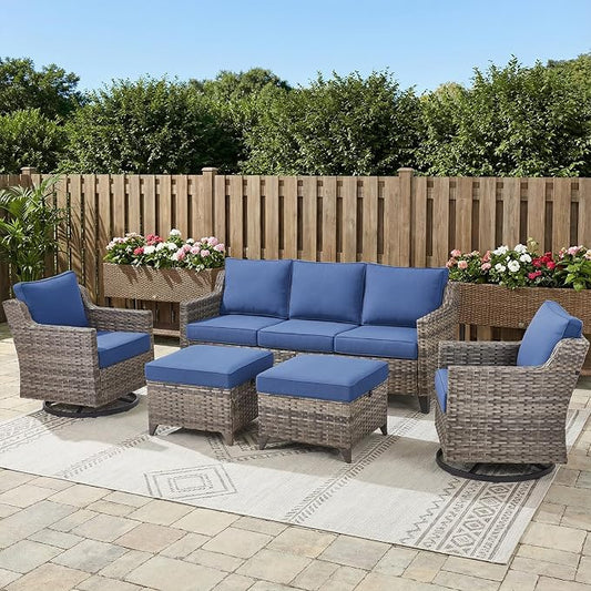 Belord Patio Wicker Swivel Rocker Patio Chairs with 3-Seater Sofa, Outdoor Rattan Chairs for Deck Porch Garden, 5 Piece Patio Conversation Furniture Set,Blue
