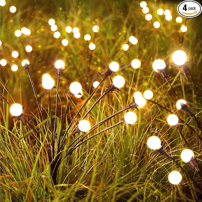 Brightown 4 Pack Solar Garden Lights, 48 LED, Warm White | Firefly Lights, 2 Lighting Modes, Wind Sway, IP65 Waterproof, For Garden Yard Pathway