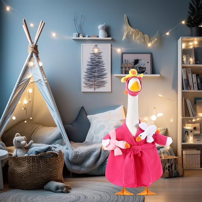 Shyyween Mommy and Baby Porch Goose Outfit for 23'' Cement Statue Silly Geese Clothes Hot Pink Bathrobe with Baby Geese for Outdoor Garden Yard Lawn Patio Duck Decoration