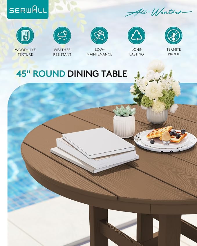 SERWALL 6-Piece Patio Dining Sets, HDPE Outdoor Table and Chairs Furniture Set with Umbrella, 45" Round Dining Table & 4 Armless Dining Chairs & 1 9FT Umbrella, Brown(Not Include Umbrella Base)