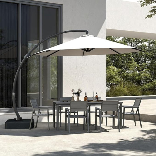 7-Piece Outdoor Dining Set with 11FT Umbrella,Grey | HDPE table, chairs included, aluminum frame, 2" hole design, weather-resistant furniture, perfect for backyard, deck, garden