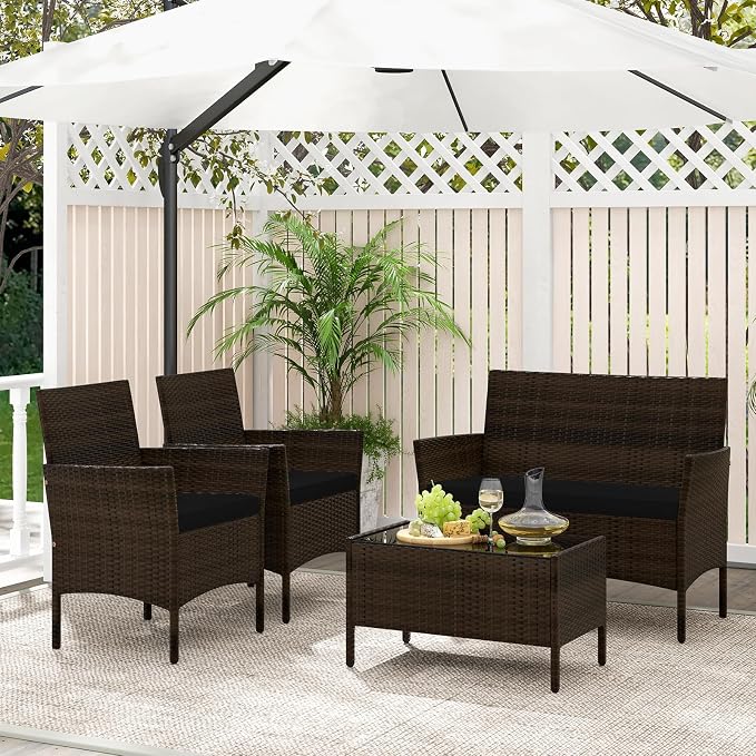 4 Piece Patio Furniture Set, Sectional Conversation Sofa Set with Glass Coffee Table, Cushions & Loveseat, Wicker Outdoor Table and Chairs for Pool, Garden, Deck, Backyard (1, Black)