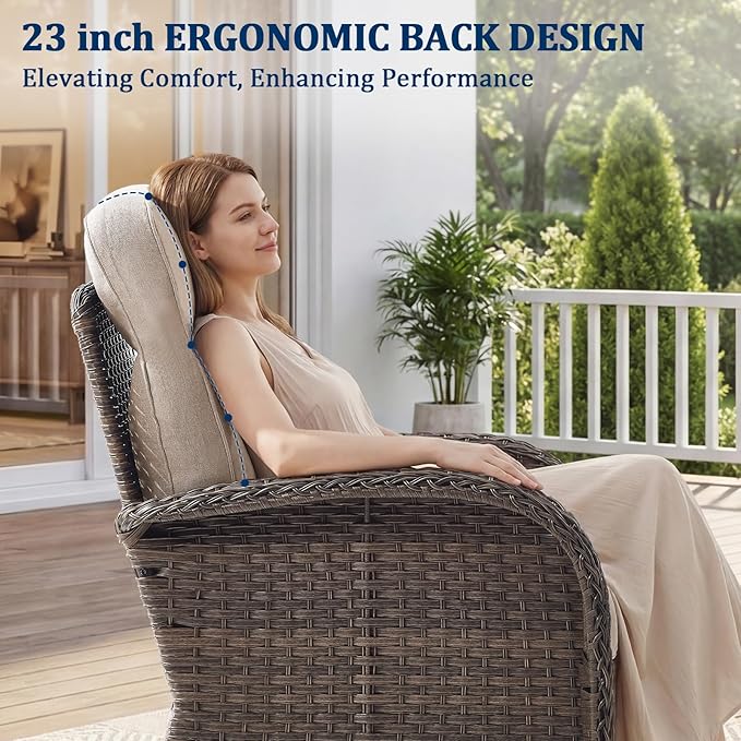 Outdoor Swivel Rocking Chair Patio Set (6-Piece), High-Back - Thick Cushion Swivel Rocking Chair Patio Set, All-Weather Wicker Patio Furniture Set, Suitable for Balcony Patios, Brown/Beige