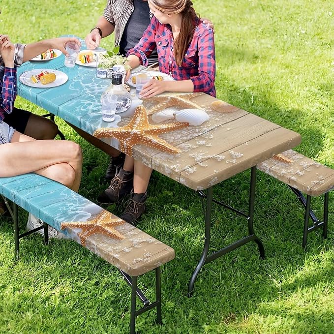 Starfish Picnic Table Cover with Bench Covers Lightweight Camping Essentials, Oil-Proof Waterproof 3PCS Tablecloth with Elastic, Fitted for Table 6FT Rectangle and Seats