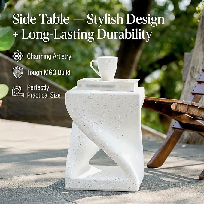 Outdoor Side Table Round Concrete Side Tables with White Terrazzo-Speckled Decor,MGO Twisted Patio End Table for Living Room Garden Balcony,Fully Assembled,White Marble