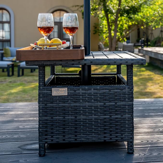 Sundale Outdoor Umbrella Stand with 2 Weight Bags, Patio 22 in Wicker Side Table with Umbrella Hole, All Weather Small Rattan Umbrella Base for Deck Yard Poolside Porch, Charcoal Gray