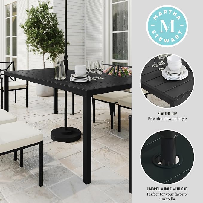 Martha Stewart Lily Pond 72" All-Weather Patio Table with Slatted Tabletop, Umbrella Hole, and Steel Frame in Black