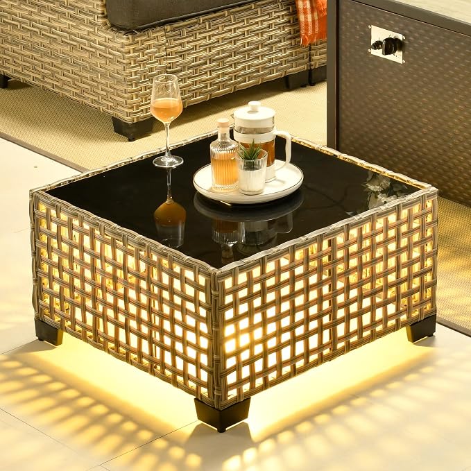 CAODOC Outdoor Sectional Patio Furniture Set,6 Pieces Wicker Conversation Sets L Shaped Couch,Outdoor Sofa Outside Furniture with Solar-Powered Coffee Table(Black)