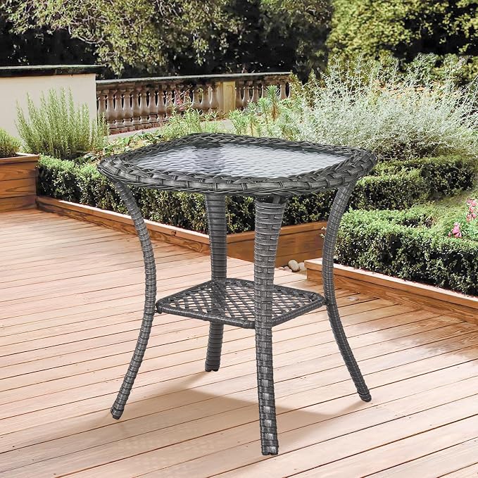 Patio Side Table Glass Wicker Table Outdoor PE Rattan Side Table with Storage Shelf Square Sidetable for Patio Garden Poolside Deck Balcony Porch Yard, Grey