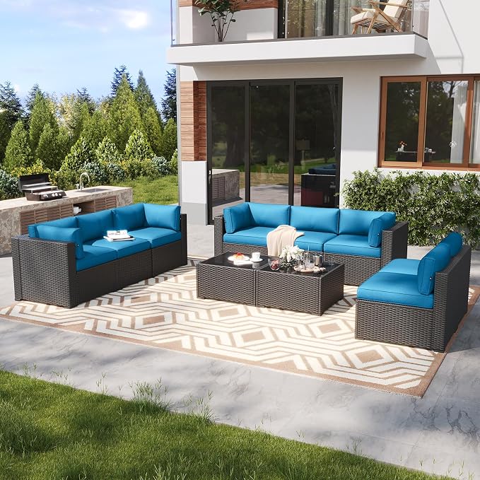 LazySunsets 10 Piece Outdoor Patio Furniture Set with Coffee Table, Outdoor Patio Furniture Sets with 4'' Thicken Cushion, Wicker Rattan Outdoor Conversation Set for Backyard & Garden, Peacock Blue