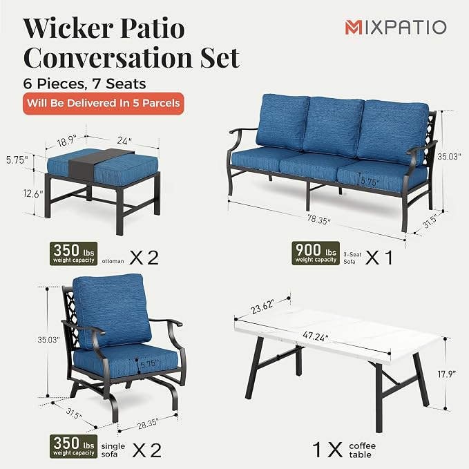 MIXPATIO Patio Furniture Set 6 pcs, Outdoor Patio Furniture, 3-Seat Sofa, 2 Rocking Chairs, 2 Ottomans, Coffee Table and 5.75" Extra Thick Cushion, Conversation Set for Backyard Deck, Gemstone Blue