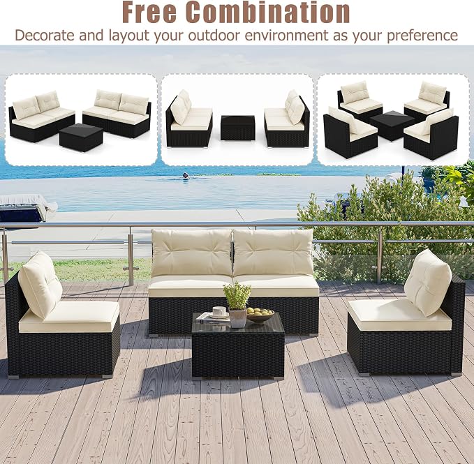 RELAX4LIFE 5-Piece Outdoor Patio Furniture Set, Rattan Sectional Sofa Set w/Glass-Top Coffee Table, Soft Seat & Back Cushions, Bistro Set for Garden Backyard Porch, Wicker Conversation Set (Off White)