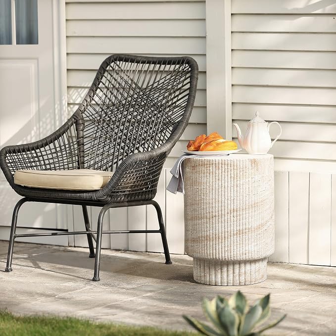 LuxenHome Outdoor Accent Side Table, 18'' Travertine-Style Outdoor Furniture, Round with Ribbed Cement End Table for Patio Backyard Balcony, Modern Coffee Furniture Gift
