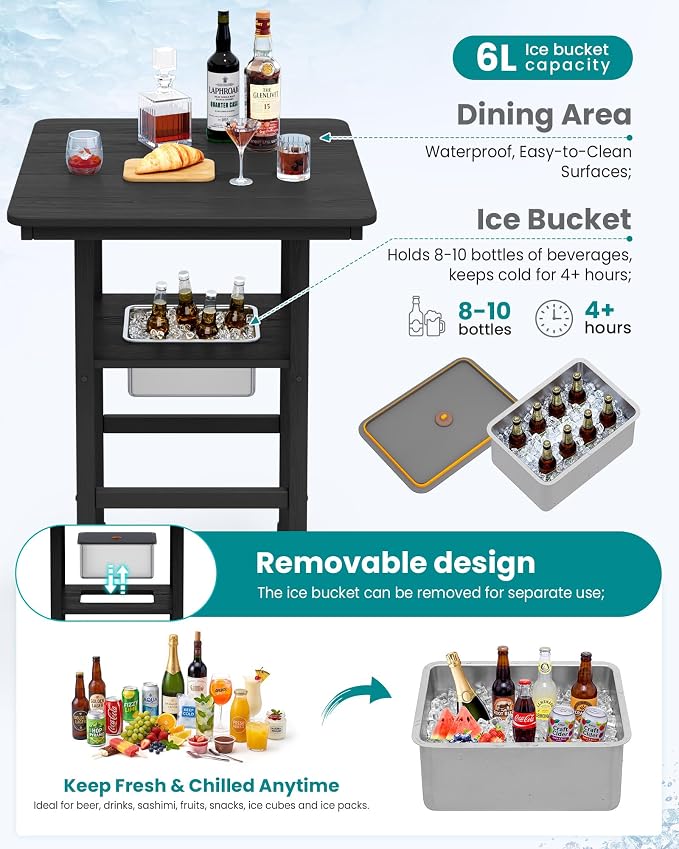 SERWALL Balcony Adirondack Chairs and Table 3 Pieces Set, HDPE Bar Height Chairs Set of 2 and Bar Table with Ice Bucket, Outdoor Bar Stools Set for Bistro, Poolside, Backyard, Black