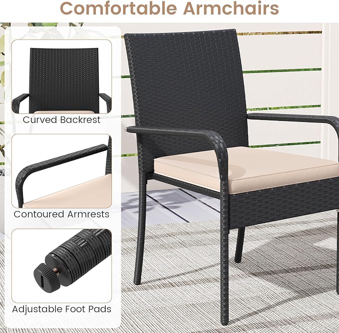 Tangkula 3 Pieces Patio Furniture Set, PE Rattan Outdoor Cushioned Conversation Chairs with 2-Tier Tempered Glass Tabletop Table, for Balcony, Garden and Poolside (Beige)