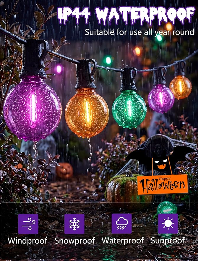 LED Outdoor String Lights 25Ft Orange Purple and Green Halloween Lights Outdoor with 27 Shatterproof LED Globe Bulbs, Connectable Halloween Decorations Lights for Home Patio Garden Christmas Party
