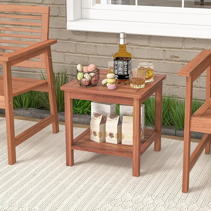 RELAX4LIFE Adirondack Outdoor Side Table - 2-Tier Acacia Wood Square End Tables w/Slatted Tabletop & Shelf for Garden Porch Pool, Indoor Outdoor Companion, Wooden Small Patio Table (1, Natural)