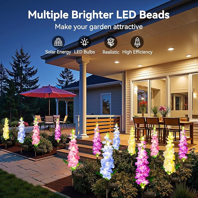 KOOPER Solar Delphinium Flower Lights Outdoor, 8 Pack, 72 LEDs, Waterproof | Vivid Solar Flowers Outdoor Waterproof for Landscape, Patio, Lawn, Flower Bed, and Yard Decor, Garden Gifts for Women, Mom