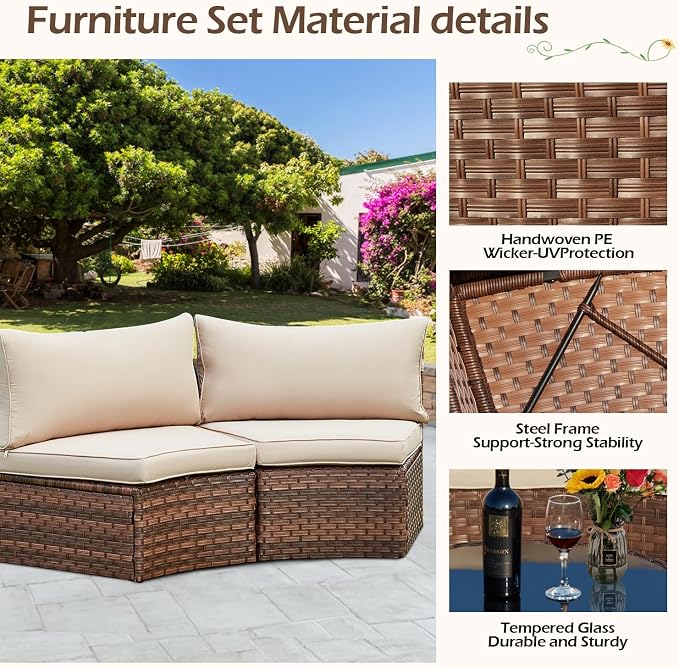 ECOTOUGE Outdoor Patio Furniture Set, 7-Piece Half-Moon All-Weather Wicker Curved Outdoor Sofa, Rattan Conversation Set with Storage Table, Fit for Pool, Backyard, Balcony, Garden(Brown&Beige)