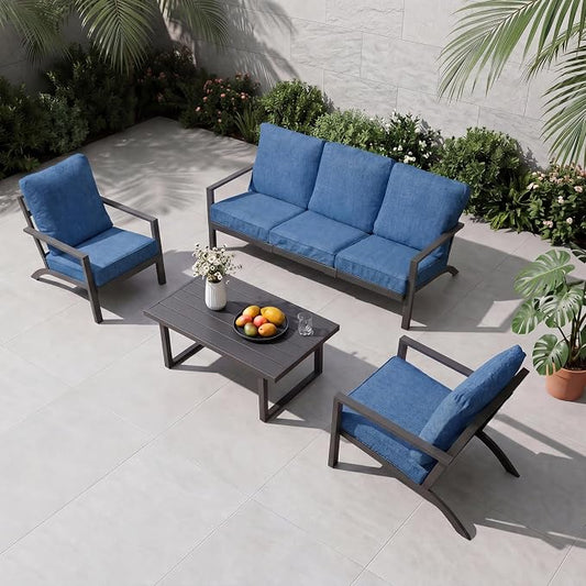 Aluminum Patio Furniture Set With Height-Adjustable Coffee Table, 4-Piece Patio Lounge Set With 5-Inch Washable Thickened Cushions, Outdoor Couch Sectional Suitable For Poolside Balconies Garden, Blue