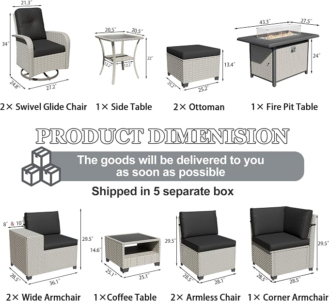 12-Piece Outdoor Patio Furniture Set with Fire Pit, Modular Sectional Sofa Set with Swivel Rocker Chairs & Ottomans, Wicker Outdoor Couch Conversation Sets w/Coffee Table and Cushions, Black