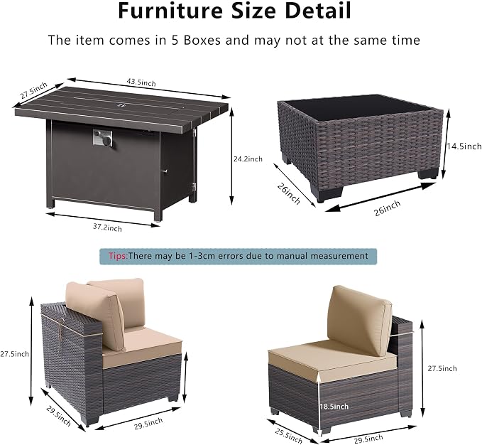 Outdoor Terrace Furniture Set, 8 Piece Outdoor Furniture Set, with 43 inch Aluminum 55001 BTU Propane fire Pit, PE Willow Vine Terrace Dialogue Set - Brown.