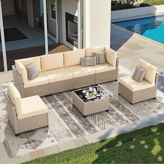 Soohow 7-Piece Patio Furniture Set, Outdoor Sectional All-Weather Wicker Patio Conversation Set for Garden, Porch, Backyard - Beige Cushions