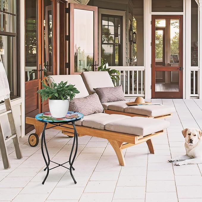 12 Inch Round Butterfly Glass Side Table, Patio Small Table, Outdoor Side Table, Outdoor Bar Table, Metal Glass End Table for Porch Garden Patio Pool Living Room