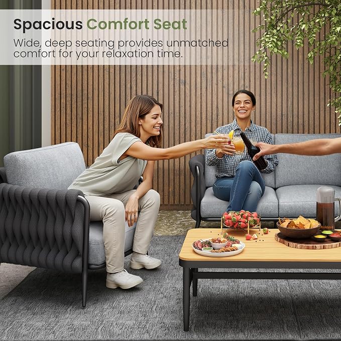 Jocoevol Patio Furniture Set, 4-Seat Outdoor Sofa Furniture Deep Seating with Coffee Table, Metal Patio Conversation Sets with Waterproof & Extra-Thick Cushions for Garden, Poolside, Backyard