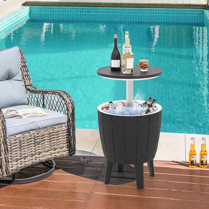Giantex Cooler Side Table Outdoor, 10 Gallon Ice Cooler with Drainage Plug, Adjustable Height, 3-in-1 Cocktail Patio Par Table for Beer Wine Storage, Deck Pool Backyard Party, Black (Wood-Style)
