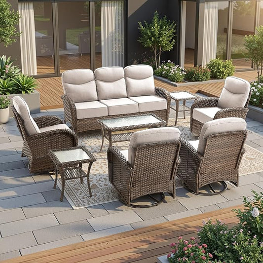 High Back Luxury Patio Furniture Set with 6-inch Thick Cushion, Swivel Rocker Patio Chairs Set of 4 with Outdoor Couch, 8 Piece Wicker Conversation Set for Deck Yard Garden Balcony Beige