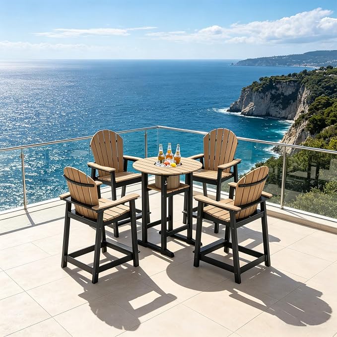 OTSUN Outdoor Adirondack Bar Table with Built-in Ice Bucket, 32“ Height Patio Large Pub Table for 4, All Weather Counter Height Table with Built-in Footrest for Outside Deck Porch Balcony Poolside