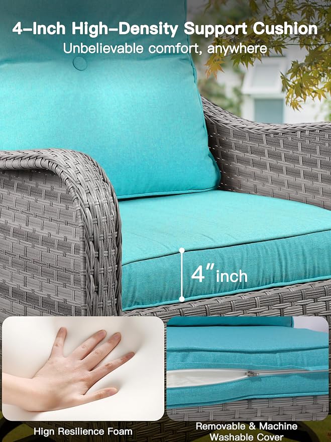 7-Piece Outdoor Conversation Set with 43" Fire Pit Table, 4 Swivel Rocking Chairs (4" Cushions) & 2 Side Tables, All-Weather PE Rattan & Steel Frame for Porch, Deck, Backyard, Turquoise
