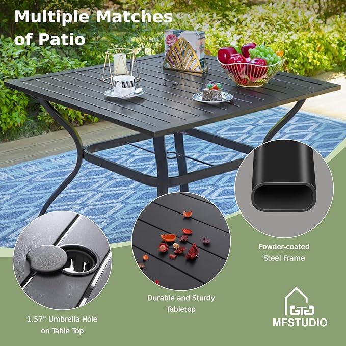 MFSTUDIO 5-Piece Patio Dining Set, 4 Swivel Metal Cushioned Chairs | 37" Square Metal Table, Umbrella Hole