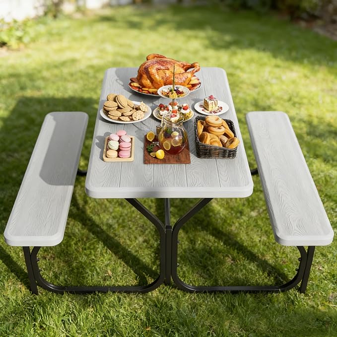 LDAILY Picnic Tables, Rectangular Picnic Table with Steel Frame, 2 Benches Set, HDPE Tabletop, Plastic Picnic Table for Outdoor, Camping, Patio, Lawn, Yard, Picnic Parties (Gray)