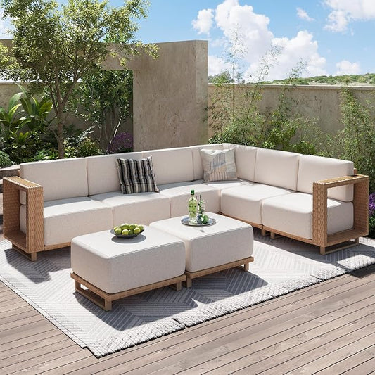 Aoxun Patio Furniture Set, 8 Piece Outdoor Wicker Sectional Sofa, All‑Weather Rattan Modular Sofa with 10'' Ultra‑Thick Cushions, Outdoor Conversation Set for Backyard, Poolside & Garden, Yellow/Beige