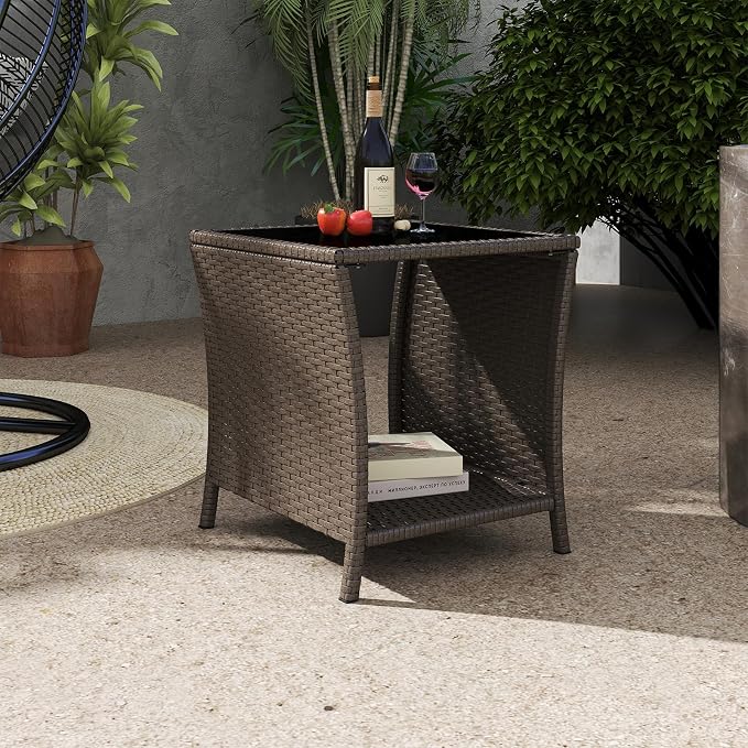 Outdoor Small Patio Table - PE Rattan Coffee Table, Wicker Side Table for Patio, Balcony & Porch, Durable & Iron Frame (2, Sesame)