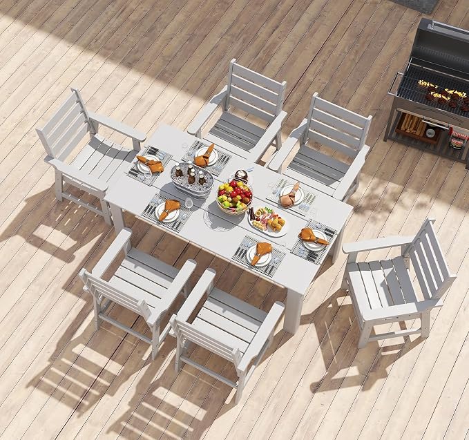 BRIOPAWS Outdoor Dining Table | HDPE | 67” Patio Rectangle Tables | All Weather | Umbrella Hole | Patio Furniture Set for 4-6 Person | White