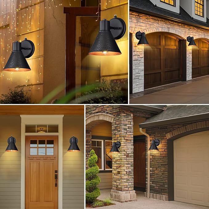 2 Pack Dusk to Dawn Outdoor Wall Sconces, Exterior Farmhouse Barn Light, Vintage Black Outside Wall Lighting Fixture with Hammered Shade, Anti-Rust Waterproof Outdoor Light for House Porch Garage