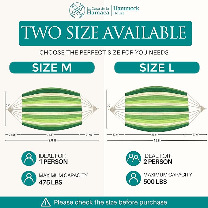 Hammock for 1-2 Person, 475 lbs Capacity – Handwoven Mexican Hammock, 100% Soft Cotton – 9.8 ft Mayan Hammock for Patio, Backyard, Indoor & Camping – Medium, Light Green