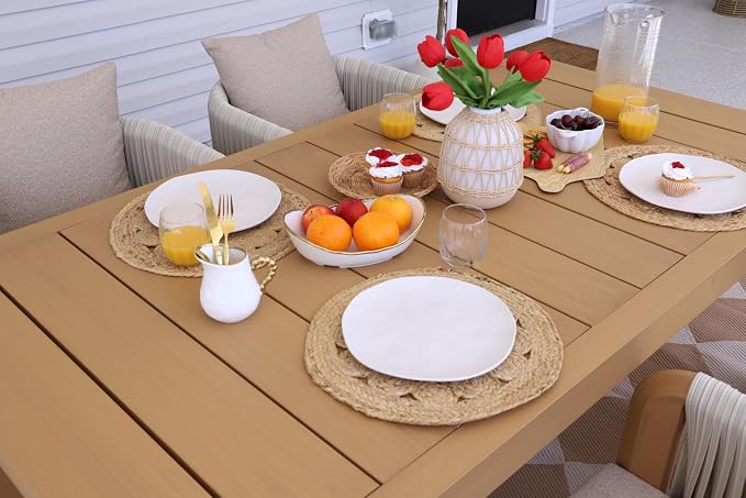 PURPLE LEAF Outdoor Dining Set for 6 with Blended Olefin Cushion Aluminum Luxury Patio Furniture Table and Chairs Set All Weather Wicker Patio Dining Sets for Backyard Garden Deck Pool, Teak