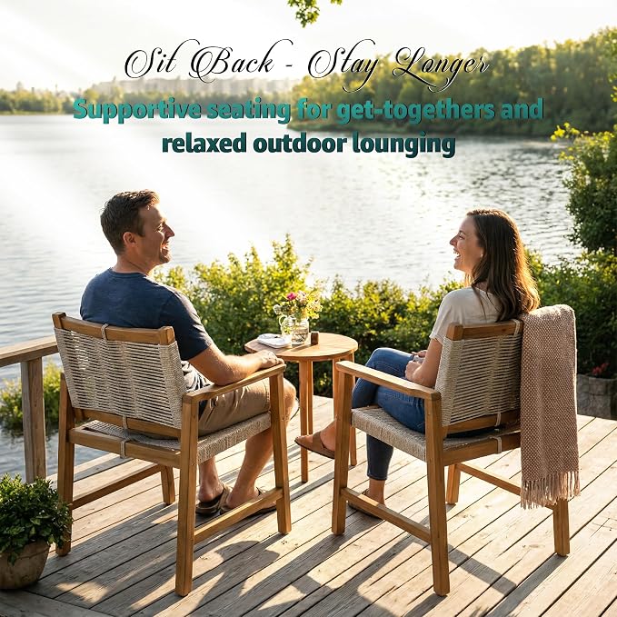 Heritage Woven Rope Eucalyptus Wood Armchair, Set of 2 Oversized Wide Backrest for Enhanced Comfort - Handcrafted Outdoor Patio Dining Chairs, Solid Eucalyptus Boho Seating for Deck, Porch & Backyard