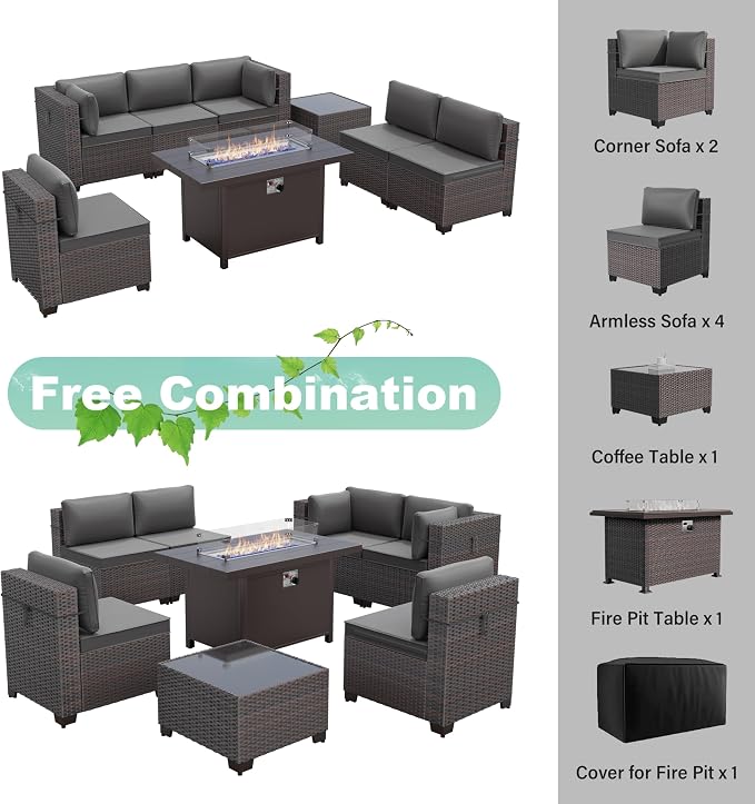 ALAULM 8 Pieces Patio Furniture Set with Aluminum Fire Pit Table Outdoor Furniture Sets 55000BTU Gas Fire Pit Brown PE Rattan Wicker Patio Conversation Sets w/6 Cushions-Grey